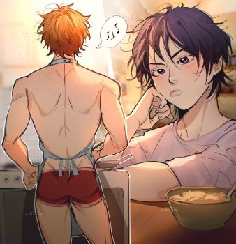 2boys apron ass back back_freckles blush body_freckles boxers freckles genshin_impact highres lips male_focus male_underwear morning multiple_boys musical_note nose orange_hair purple_eyes purple_hair red_male_underwear scaramouche_(genshin_impact) short_hair shoulder_freckles spoken_musical_note stove underwear wiistef