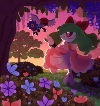 absurdres bird clothed_pokemon colored_skin dress field fletchling flower flower_field gen_3_pokemon gen_6_pokemon grass green_hair hair_over_one_eye highres holding holding_flower horns kirlia nintendo pink_dress pokemon pokemon_(creature) red_eyes sidelocks suspineapple123 tree white_skin