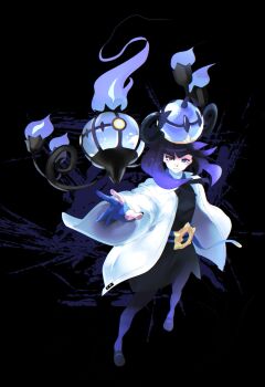1girl belt belt_buckle black_dress black_hair blue_belt blue_gloves buckle chandelure closed_mouth coat commentary dress frown gen_5_pokemon gloves gwynn_(pokemon) highres looking_at_viewer marnie_(marnielovesyou) nintendo open_clothes open_coat pantyhose partially_fingerless_gloves pokemon pokemon_(creature) pokemon_legends:_z-a purple_eyes purple_hair shoes spread_fingers white_coat