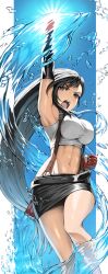 1girl abs absurdres arm_up armpits bare_legs belt black_hair black_skirt breasts commentary_request crop_top dolphin elbow_gloves feet_out_of_frame fighting_stance final_fantasy final_fantasy_vii fingerless_gloves gloves highres large_breasts long_hair looking_at_viewer low-tied_long_hair midriff miniskirt navel open_mouth red_eyes red_gloves shorts skirt solo stomach suspender_skirt suspenders tank_top teeth thighs tifa_lockhart toned toned_female upper_body upper_teeth_only uppercut very_long_hair water white_tank_top zupakyo