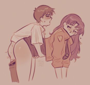 age_difference anal arms_around_waist ass bent_over black_skirt brown_hair cross cross_necklace height_difference highres ikari_shinji jacket jewelry katsuragi_misato long_hair necklace neon_genesis_evangelion non-web_source onee-shota pants purple_hair red_jacket sex sex_from_behind shaking shirt shota size_difference skinny skirt sweat tiramisoups white_shirt