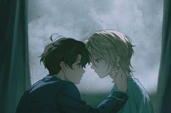 2boys absurdres ahoge aldnoah.zero blonde_hair blue_jacket blue_shirt brown_hair closed_mouth cloud cloudy_sky curtains expressionless hand_on_another&#039;s_neck highres jacket kaizuka_inaho looking_at_another male_focus multiple_boys shirt short_hair sky slaine_troyard soda13erry upper_body window