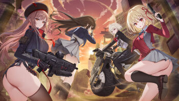 Rule 34 | 4girls, absurdres, ass, beret, black hair, black hat, black jacket, black leotard, black socks, brown hair, cloud, cloudy sky, dress, goddess of victory: nikke, grey dress, gun, handgun, hat, highres, holding, holding gun, holding weapon, inoue takina, jacket, kneehighs, leotard, lichiko, loafers, lycoris recoil, lycoris uniform, motor vehicle, motorcycle, multicolored dress, multiple girls, nishikigi chisato, on motorcycle, orange sky, panties, rapi (nikke), red dress, red eyes, shoes, sky, socks, sugar (nikke), sunset, thick thighs, thighs, underwear, weapon, white panties