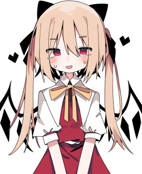 1girl ascot blonde_hair blush bow collared_shirt crystal_wings dress fang flandre_scarlet hair_between_eyes hair_ribbon highres long_hair looking_at_viewer nacht_musik open_mouth puffy_short_sleeves puffy_sleeves red_dress red_eyes red_vest ribbon shirt short_sleeves simple_background smile solo touhou twintails vest white_background white_shirt wings yellow_ascot