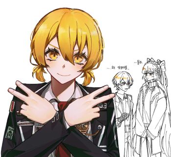 1girl 2girls badge blonde_hair collared_shirt don_quixote_(project_moon) double_v gloves ishmael_(identity_archive)_(project_moon) ishmael_(project_moon) limbus_company long_hair low_twintails m_ttl multiple_girls necktie open_mouth project_moon red_necktie shirt short_twintails sinclair_(project_moon) sweat twintails v very_long_hair white_shirt yellow_eyes