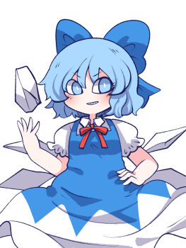 1girl blue_bow blue_dress blue_eyes blue_hair blush bow chahan_(fried_rice0614) chibi cirno commentary dress fairy grin hand_on_own_hip highres ice ice_wings looking_at_viewer medium_hair parted_lips short_sleeves smile solo teeth touhou two-tone_dress white_background white_dress wings