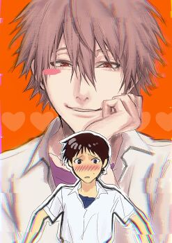 Rule 34 | 2boys, black eyes, black hair, blush, chromatic aberration, collared shirt, commentary request, doujinshi cover trope (trend), furrowed brow, glitch, grey hair, hand on own face, head rest, heart, highres, ikari shinji, konno (qvt2e66), male focus, multiple boys, nagisa kaworu, neon genesis evangelion, orange background, outline, projected inset, raised inner eyebrows, red eyes, school uniform, shirt, short sleeves, smile, tokyo-3 middle school uniform, upper body, white outline, white shirt, yaoi