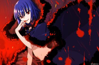 Rule 34 | 1girl, blood, blood from mouth, blood on face, blood splatter, blue hair, cape, ciel (tsukihime), corruption, crest, dark persona, evil smile, floating clothes, fur-trimmed cape, fur trim, highres, kaisaki, looking at viewer, michael roa valdamjong, nail polish, naked cape, possessed, possession, red eyes, roa-ciel, smile, sukiniyaru, tsukihime, tsukihime (remake), vampire