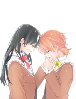 2girls black_hair brown_shirt closed_eyes highres holding_hands koito_yuu long_sleeves low_twintails multiple_girls nanami_touko neck_ribbon open_mouth orange_hair red_ribbon ribbon school_uniform shirt short_twintails simple_background tasuku2218 tohmi_higashi_high_school_uniform twintails upper_body white_background yagate_kimi_ni_naru yellow_ribbon yuri