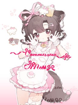 1girl :o animal_ear_fluff animal_ears apron arin_(fanfan013) artist_name brown_hair commission cowboy_shot dog_ears dog_girl dog_tail dress frilled_apron frilled_dress frilled_gloves frills gloves hair_ornament hair_ribbon hairclip hands_up looking_at_viewer ok_sign original parallel_hairclips parted_bangs parted_lips pink_dress pink_ribbon red_eyes ribbon short_dress short_hair short_sleeves simple_background solo tail white_apron white_background white_gloves