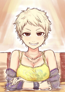 1girl arm_warmers arms_on_table bare_shoulders blonde_hair breasts brown_eyes cleavage collarbone commentary_request eyelashes grin honznas idolmaster idolmaster_cinderella_girls idolmaster_cinderella_girls_starlight_stage jewelry looking_at_viewer multiple_rings necklace pixie_cut ring senzaki_ema short_hair smile solo tank_top teeth upper_body very_short_hair yellow_tank_top