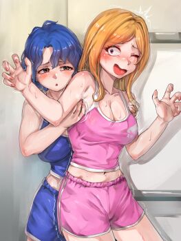 2girls absurdres armpits behind_another blonde_hair blue_hair blue_shorts blue_tail blush breasts commentary_request commission constricted_pupils cowboy_shot fingernails hands_up highres hold111 idolmaster idolmaster_million_live! indoors korean_commentary large_breasts long_hair momose_rio multiple_girls navel one_eye_closed open_mouth pink_shoes pink_tank_top shoes short_hair shorts standing sweat tank_top tickling tickling_armpits toyokawa_fuka