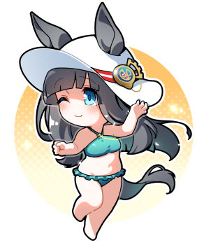 1girl ;) animal_ears barefoot bikini black_hair blue_eyes blunt_bangs blush chibi chibi_only chrono_genesis_(umamusume) closed_mouth commentary_request full_body green_bikini hat highres horse_ears horse_girl horse_tail long_hair one_eye_closed smile solo standing standing_on_one_leg swimsuit tail umamusume warashi white_hat