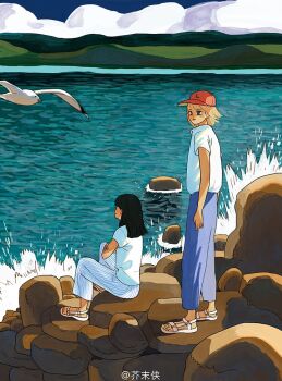 2girls arms_at_sides baseball_cap bird black_hair blonde_hair blue_eyes blue_pants closed_mouth cloud crossed_arms day hat jiemoxia medium_hair multiple_girls ocean on_rock original outdoors pants profile red_hat rock sandals seagull shirt shirt_tucked_in short_hair short_sleeves sitting smile splashing standing striped_clothes striped_pants t-shirt vertical-striped_clothes vertical-striped_pants water waves white_sandals white_shirt