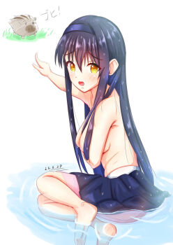 Rule 34 | 1girl, 2025, arm under breasts, armpit crease, ass, barefoot, black hair, black hairband, black skirt, blush, botan (clannad), breasts, clannad, cobbedcorn, commentary, company connection, covering breasts, covering privates, crossover, dated, feet, full body, furrowed brow, hair between eyes, hair over breasts, hairband, highres, index finger raised, key (company), kushima kamome, large breasts, long hair, looking at viewer, medium skirt, open mouth, outstretched arm, pointing, pointing at animal, scared, sidelocks, simple background, sitting, skirt, soles, solo, straight hair, summer pockets, toes, topless female, translated, very long hair, water, wet, wet hair, white background, yellow eyes, yokozuwari