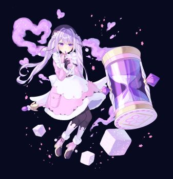 Rule 34 | 1girl, absurdres, apron, arm at side, back bow, bag, belt, belt buckle, black belt, black gloves, black leggings, black ribbon, blue background, boots, bow, buckle, colored smoke, commentary request, cube, cup, disposable cup, dress, drinking, drinking straw, drinking straw in mouth, facing viewer, floating hair, flower, full body, fur-trimmed boots, fur trim, gloves, hair between eyes, hair flower, hair intakes, hair ornament, hand up, heart, highres, holding, holding cup, hourglass, jitome, knees together feet apart, kurobikari, large bow, leggings, light purple hair, long hair, long sleeves, looking afar, looking ahead, original, oversized object, pink boots, pink dress, pink flower, purple eyes, ribbon, satchel, sidelocks, sleeves past wrists, smoke, smoothie, solo, staff, twintails, two-tone leggings, white apron, white bow, white flower, white leggings, wing collar