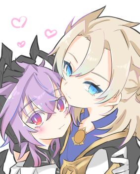 2boys albedo_(genshin_impact) black_gloves blonde_hair blue_eyes closed_mouth crossed_bangs dragon_boy dragon_horns durin_(genshin_impact) genshin_impact gloves heart highres horns looking_at_viewer male_focus multiple_boys tekito_na white_background white_gloves