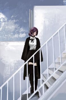 Rule 34 | 1girl, anirrie, black choker, black coat, black ribbon, black shorts, chainsaw man, choker, coat, coat on shoulders, collared shirt, commentary, hashtag-only commentary, highres, neck ribbon, reze (chainsaw man), ribbon, shirt, shorts, solo, stairs, standing, white shirt