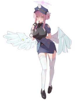 1girl absurdres alternate_costume angel_wings banpen black_shoes black_skirt blue_archive blush breasts closed_mouth crescent cuffs double_bun feathered_wings full_body hair_bun halo handcuffs hat highres large_breasts long_hair low_wings mika_(blue_archive) pink_eyes pink_hair pink_halo police police_hat police_uniform policewoman shoes short_sleeves simple_background skirt solo thighhighs white_background white_thighhighs white_wings wings zettai_ryouiki