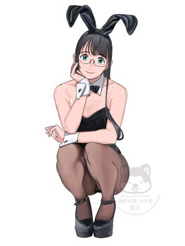 1girl absurdres alternate_costume animal_ear_hairband animal_ears black_bow black_bowtie black_hair black_leotard black_shoes bow bowtie breasts brown_pantyhose detached_collar fake_animal_ears green_hair hairband hand_on_own_face highres kantai_collection leotard long_hair ojipon ooyodo_(kancolle) pantyhose playboy_bunny rabbit_ears see-through_strap shoes simple_background small_breasts smile solo squatting watermark white_background wrist_cuffs