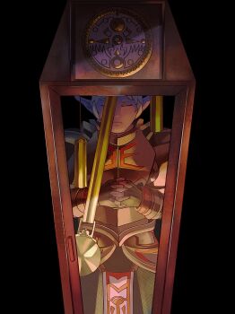 1boy absurdres alternate_costume armor black_background clock closed_eyes fingerless_gloves gloves grandfather_clock hero&#039;s_shade highres link nasagina nintendo pendulum pendulum_clock solo the_legend_of_zelda the_legend_of_zelda:_ocarina_of_time the_legend_of_zelda:_twilight_princess upper_body