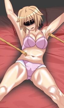 1girl arms_up backscratcher bdsm bikini blindfold blonde_hair bondage bound bound_arms bra female_focus highres lying molestation on_back on_bed panties pillow pink_bikini pink_bra pink_panties poking restrained seikon_no_qwaser solo spread_eagle_position swimsuit teasing teresa_beria tickle_torture tickling tickling_armpits tickling_legs underwear underwear_only
