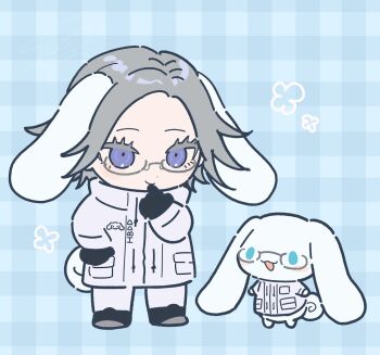 1boy animal_ears aotsuki_eito aotsuki_eito_(cosplay) blue_background blue_eyes borrowed_clothes character_print chibi chibi_only cinnamoroll commentary cosplay crossover dog_boy dog_ears dog_tail extra_ears fuwa_fuwa_cinnamoroll glasses gloves grey_hair highres jacket looking_at_viewer male_focus pocket purple_eyes sanrio short_hair sieg_gs smile solid_oval_eyes tail the_hundred_line_-last_defense_academy- white_jacket