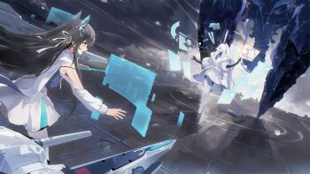 2girls azur_lane black_hair clarence_k._bronson_(azur_lane) game_cg hair_ornament headgear highres holographic_interface long_hair mechanical_arms multiple_girls non-web_source open_mouth pale_skin rigging ship_turret siren_(azur_lane) war_protocol_fortress_(azur_lane) white_hair