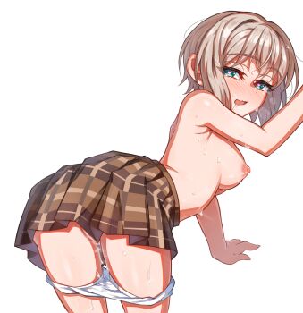 1girl :3 aoba_moca bang_dream! blue_eyes blush breasts brown_skirt commentary grey_hair heart heart-shaped_pupils highres junji_17 medium_breasts nipples open_mouth panties panty_pull partially_visible_vulva pleated_skirt pussy_juice saliva short_hair simple_background skirt solo stained_panties symbol-shaped_pupils topless_female underwear white_background