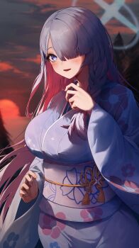 1girl absurdres alternate_costume blue_archive blue_hair blue_kimono blush braid breasts colored_inner_hair commentary_request fingernails general_student_council_president_(blue_archive) hair_over_one_eye halo highres japanese_clothes kimono large_breasts long_hair looking_at_viewer multicolored_hair obi onbawa one_eye_covered outdoors pink_hair sash single_braid smile solo straight_hair two-tone_hair very_long_hair