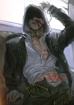 1boy abs arm_up artist_name bandaged_hand bandages black_jacket black_pants blood blood_on_face cuffs dead_by_daylight drawstring frank_morrison grey_eyes handcuffs hashtag-only_commentary highres hood hood_up jacket leather leather_jacket looking_at_viewer male_focus male_underwear male_underwear_peek midriff neck_tattoo nosebleed open_clothes open_jacket open_pants pants seencrow single_handcuff sitting smirk solo tattoo teeth the_legion_(dead_by_daylight) toned toned_male underwear unzipped white_male_underwear zipper