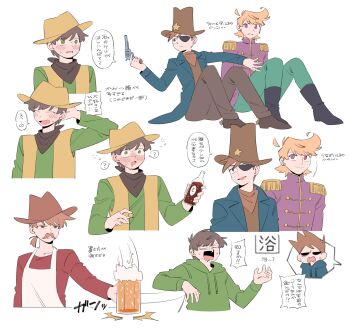 6+boys ? ahoge alcohol animification antenna_hair apron beer beer_mug black_eyes blue_coat blue_hoodie blush boots bottle brown_boots brown_hair brown_hat brown_neckerchief brown_pants coat commentary_request cowboy cowboy_hat cowboy_western cup detached_ahoge drunk dual_persona edd_(eddsworld) eddsworld edward_gold_(eddsworld) epaulettes eyepatch facial_hair full_body green_eyes green_hoodie green_pants green_shirt gun hat highres holding holding_bottle holding_gun holding_weapon hollow_eyes hood hood_down hoodie long_sleeves male_focus matt_(eddsworld) mjsc_10 mug multiple_boys mustache neckerchief official_alternate_costume open_clothes open_vest orange_hair pants ponytail prince_matthew_(eddsworld) purple_coat purple_eyes red_eyes red_shirt shirt short_hair short_ponytail simple_background sitting speech_bubble spoken_question_mark spurs star_(symbol) thompson_(eddsworld) todd_(eddsworld) tom_(eddsworld) tord_(eddsworld) translation_request vest weapon western white_apron white_background yellow_hat yellow_vest