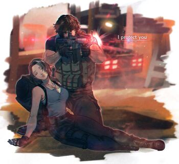 1boy 1girl aiming artist_name assault_rifle black_gloves black_hair blue_shirt brown_hair carlos_oliveira fingerless_gloves gloves gun holding holding_gun holding_weapon jill_valentine kneeling mappo_m2 pants resident_evil resident_evil_3:_nemesis resident_evil_3_(remake) rifle shirt weapon