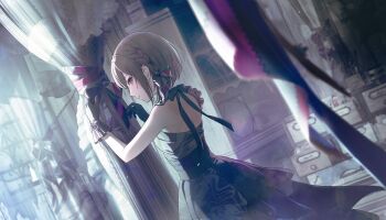 1girl alternate_eye_color black_dress black_gloves blurry braid brown_hair colorful_palette depth_of_field dress frilled_dress frills game_cg gloves highres official_alternate_costume official_art parted_lips pink_eyes profile project_sekai shinonome_ena solo third-party_source tomoshibi_wo_teguri_yosete_(project_sekai)