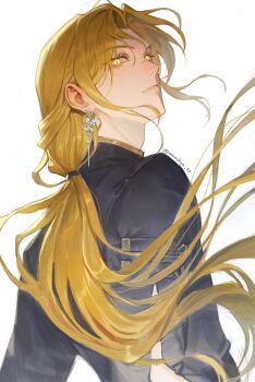 Rule 34 | 1boy, adam's apple, aegyo sal, black shirt, blonde hair, closed mouth, commentary request, curtained hair, earrings, eruhaben, from behind, glowing, glowing eyes, highres, jewelry, korean commentary, lips, long hair, long sleeves, looking at viewer, looking back, lout of count's family, low ponytail, male focus, monchya 33, parted bangs, ponytail, shirt, sidelocks, simple background, solo, upper body, very long hair, white background, yellow eyes