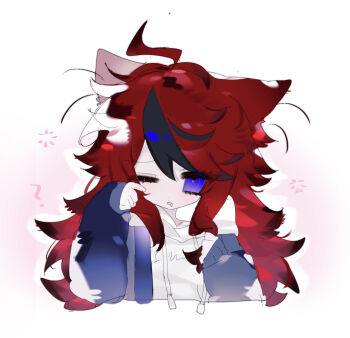 Rule 34 | 1girl, ?, ahoge, animal ears, black hair, blue eyes, blue jacket, cat ears, commentary, cropped torso, drawstring, drooling, eyelashes, genderswap, genderswap (mtf), goupaifentiao, grey jacket, highres, hood, hood down, hoodie, jacket, jacket over hoodie, kemonomimi mode, long hair, long sleeves, mouth drool, multicolored hair, multicolored jacket, one eye closed, open clothes, open jacket, open mouth, red hair, rubbing eyes, sleepy, sleeves past wrists, solo, squeans, streaked hair, sumino takumi, the hundred line -last defense academy-, two-tone hair, two-tone jacket, white hoodie