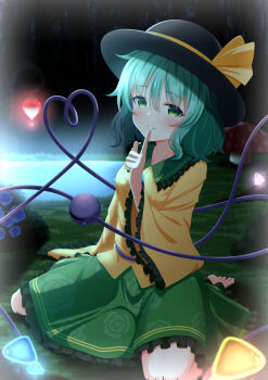 Rule 34 | 1girl, absurdres, barefoot, black hat, blue flower, blue rose, blush, breasts, buttons, collared shirt, commentary request, diamond button, eyeball, finger to mouth, floral print, flower, frilled shirt collar, frilled skirt, frilled sleeves, frills, green hair, green skirt, hat, hat ribbon, heart, heart of string, highres, komeiji koishi, looking at viewer, outdoors, print skirt, rense 1010 (number nanashi), ribbon, rose, rose print, shirt, shushing, sitting, skirt, small breasts, solo, third eye, toes, touhou, yellow ribbon, yellow shirt