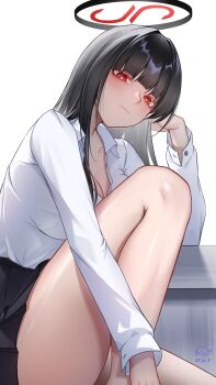 1girl absurdres aifankuendefeng alternate_costume bare_legs black_hair black_skirt blue_archive blunt_bangs breasts cleavage closed_mouth highres large_breasts long_hair looking_at_viewer panties red_eyes rio_(blue_archive) shirt sidelocks skirt smile solo underwear white_shirt yellow_panties