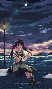 black_hair boots bug butterfly cloud insect long_hair ocean original sitting skirt sky solo twintails yakka