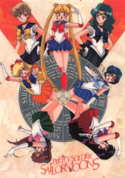 6+girls aino_minako aqua_hair aqua_sailor_collar aqua_skirt arm_up bishoujo_senshi_sailor_moon bishoujo_senshi_sailor_moon_s black_hair blonde_hair blue_hair blue_sailor_collar blue_skirt bow brooch brown_hair character_name choker copyright_name double_bun elbow_gloves gloves green_sailor_collar green_skirt hair_bobbles hair_bow hair_bun hair_ornament hands_on_own_hips heart heart_brooch heart_choker high_ponytail highres hino_rei jewelry kaiou_michiru kino_makoto leotard light_brown_hair light_smile long_hair looking_at_viewer magical_girl miniskirt mizuno_ami multiple_girls non-web_source ofuda open_mouth orange_sailor_collar orange_skirt pleated_skirt ponytail red_sailor_collar red_skirt sailor_collar sailor_jupiter sailor_mars sailor_mercury sailor_moon sailor_neptune sailor_senshi sailor_uranus sailor_venus short_hair skirt ten&#039;ou_haruka tiara tsukino_usagi twintails very_long_hair