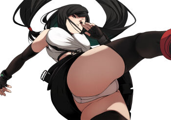 1girl ass bare_shoulders black_gloves black_hair black_skirt breasts crop_top elbow_gloves final_fantasy final_fantasy_vii fingerless_gloves fu-ta gloves large_breasts long_hair miniskirt panties red_eyes skirt solo suspender_skirt suspenders tank_top thighhighs thighs tifa_lockhart underwear white_panties white_tank_top