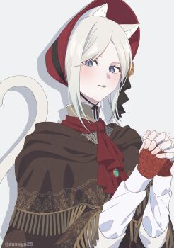 1girl animal_ears ascot bloodborne blush bonnet cat_ears cat_girl cat_tail cloak closed_mouth doll_joints dress highres joints looking_at_viewer parted_bangs plain_doll red_ascot short_hair simple_background solo susukeya tail white_hair