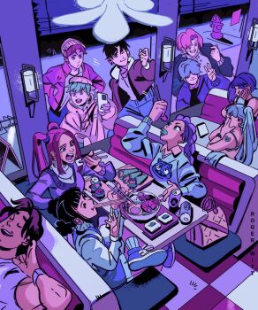 5girls 6+boys :t abby_(kpop_demon_hunters) baby_(kpop_demon_hunters) bobby_(kpop_demon_hunters) booth_seating bowl chopsticks derpy_(kpop_demon_hunters) dutch_braided_ponytail eating facial_hair food hashtag-only_commentary holding holding_chopsticks holding_phone indoors jinu_(kpop_demon_hunters) kpop_demon_hunters mira_(kpop_demon_hunters) multiple_boys multiple_girls mystery_(kpop_demon_hunters) noodles open_mouth phone pink_hair restaurant rogerwitt romance_(kpop_demon_hunters) rumi_(kpop_demon_hunters) stubble sushi table v window zoey_(kpop_demon_hunters)