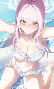 1girl angel_wings arms_up bare_shoulders beach bikini blue_archive blush breasts choker cleavage closed_mouth collarbone commentary_request crescent feathered_wings frilled_bikini frills halo highres large_breasts long_hair looking_at_viewer low_wings mika_(blue_archive) mika_(swimsuit)_(blue_archive) navel noo2g official_alternate_costume official_alternate_hairstyle outdoors pink_hair pink_halo solo stomach swimsuit v very_long_hair white_bikini white_choker white_wings wing_ornament wings yellow_eyes