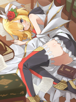 black_skirt blonde_hair blush book cape eleanor_(shadowverse) flower hair_flower hair_ornament highres isei_sei lying one_eye_closed purple_eyes red_flower red_rose rose shadowverse short_hair skirt thighhighs white_cape