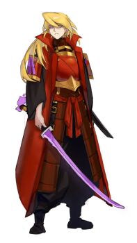 Rule 34 | 1boy, armor, blonde hair, blue eyes, coat, etrian odyssey, highres, holding, holding sword, holding weapon, japanese armor, katana, kujura (sekaiju), kusazuri, long hair, male focus, red coat, remase2642, sekaiju no meikyuu, sekaiju no meikyuu 3, shoulder armor, sode, solo, sword, weapon