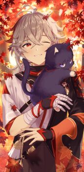 1boy absurdres animal animalization antenna_hair armor artist_name bandaged_arm bandaged_hand bandages belt belt_buckle black_belt black_gloves black_jacket black_scarf blush branch buckle cat chest_belt commentary_request crossed_bangs fingerless_gloves genshin_impact gloves hair_between_eyes hakama haori highres holding holding_animal ice_s_s_z jacket japanese_armor japanese_clothes kaedehara_kazuha kimono leaf leaf_print long_sleeves looking_at_viewer low_ponytail male_focus maple_leaf maple_leaf_print medium_hair multicolored_hair one_eye_closed outdoors parted_lips pom_pom_(clothes) ponytail red_eyes red_hair red_ribbon red_scarf ribbon scaramouche_(cat)_(genshin_impact) scaramouche_(genshin_impact) scarf short_sleeves shoulder_armor sidelocks signature smile sode sparkle streaked_hair tassel teeth tree white_hair white_kimono wide_sleeves