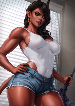 1girl abs armpits black_hair black_horns black_nails breasts colored_skin commentary crystal crystal_earrings dandon_fuga denim denim_shorts dispatch earrings english_commentary frayed_shorts hand_on_own_hip hand_on_weapon highres horns jewelry large_breasts leotard lips long_hair malevola_(dispatch) pointy_ears red_skin shorts sideboob swept_bangs sword watermark weapon white_leotard window window_blinds yellow_eyes