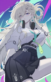 1girl absurdres aqua_necktie birkai black_nails black_skirt blonde_hair blue_eyes blush braid braided_bangs breasts cleavage commentary earrings eyes_visible_through_hair fingernails hair_ornament hair_over_one_eye hand_up headphones headphones_around_neck highres jewelry long_hair looking_at_viewer lynae_(wuthering_waves) medium_breasts nail_polish necktie open_mouth shirt shirt_tucked_in skirt skull_hair_ornament solo star_(symbol) star_earrings unfinished very_long_hair white_shirt wuthering_waves