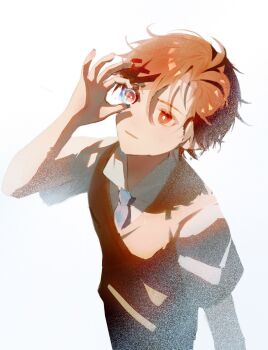 1boy aged_down black_pants brown_hair chinese_commentary closed_mouth collared_shirt commission cowboy_shot curtained_hair hair_between_eyes hand_up highres holding_orb light_and_night_love light_smile looking_at_object looking_up lu_chen male_focus marble_(toy) orange_sweater_vest pants red_eyes shirt short_hair short_sleeves simple_background solo ssang721 standing sweater_vest white_background white_shirt